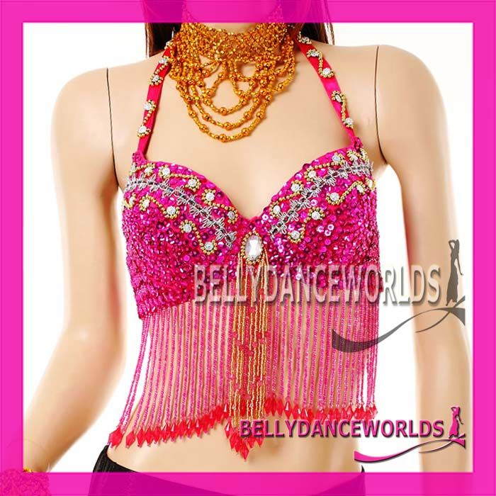 BELLY DANCE COSTUME BRA TOP SEQUINS+BEADED BOLLYWOOD DANCING US SIZE 