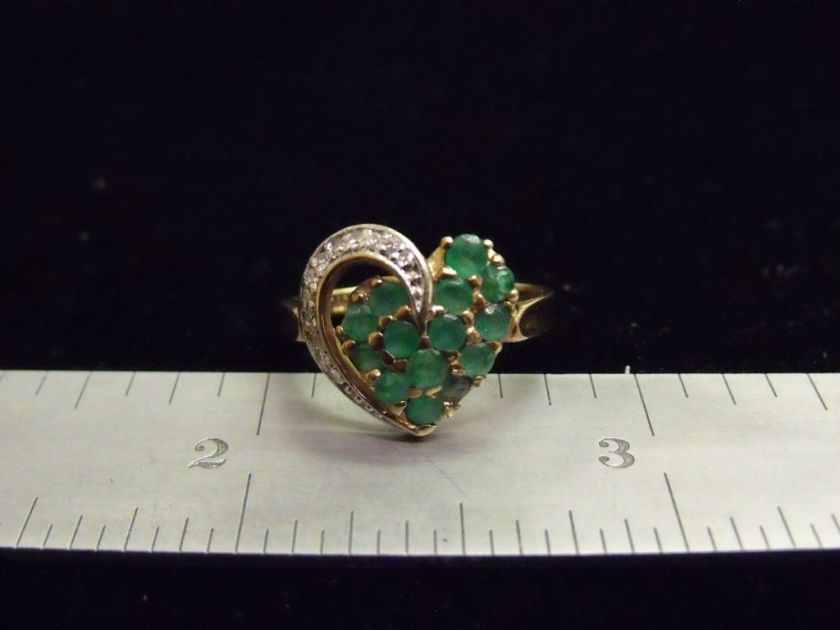   YELLOW GOLD GENUINE EMERALD DIAMOND HEART SHAPED RING SIZE 6  