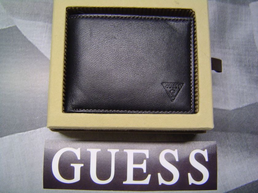 GUESS? MENS TRIANGLE LOGO LEATHER BIFOLD WALLET BLACK  