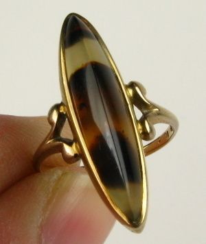   1890s 1.5ct Marquise Cut Moss Agate Solitaire 10k Yel Gold Ring 2.7g