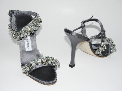 MANOLO BLAHNIK Gray Bejeweled Ankle Wrap Sandal Heel Shoe 36.5 NIB $ 