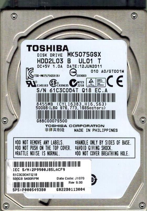 TOSHIBA MK5075GSX 500GB HDD2L03 B UL01 T DATE JUN 2011  