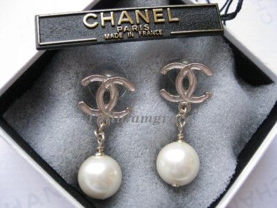 AUTHENTIC CHANEL LARGE CC LOGO PEARL DROP PINK EARRINGS  