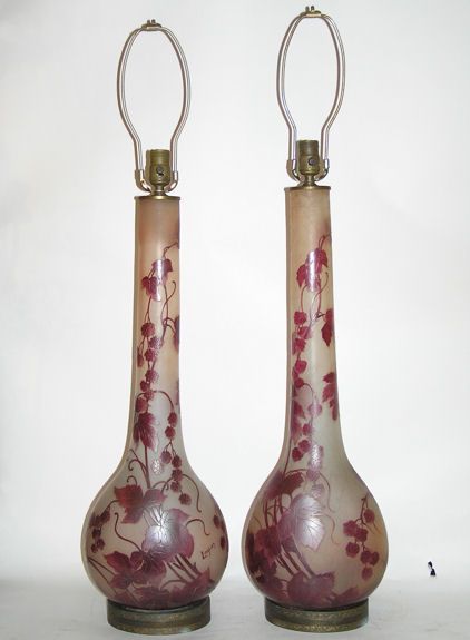 Pair Matching French Legras Cameo Glass Table Lamps  