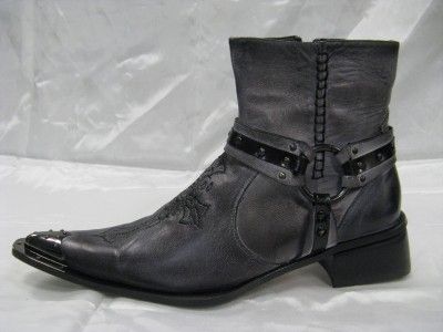 FIESSO~NEW~DARK GREY LEATHER~WITH EMB~ METAL TIP~BOOTS  