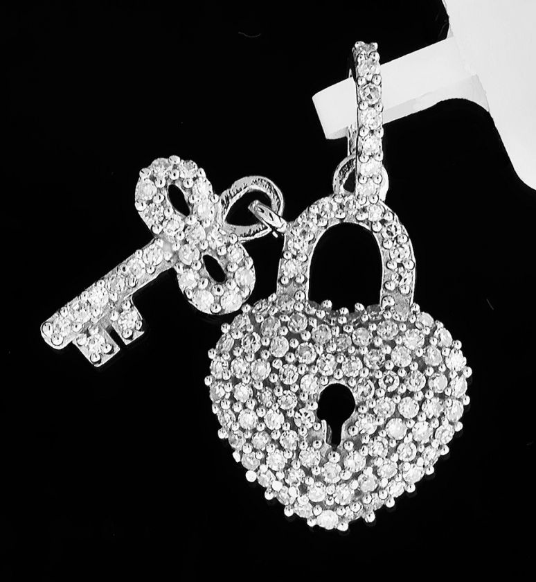 14K WHITE GOLD PAVE DIAMOND LOCK & KEY PENDANT NECKLACE  