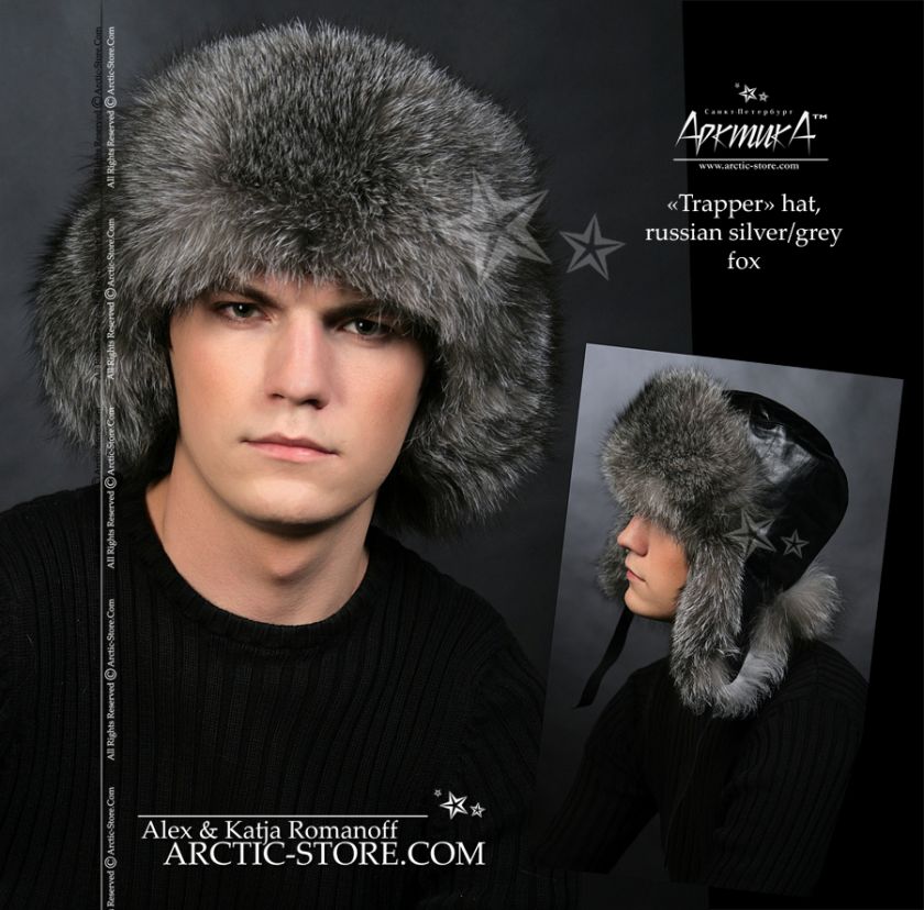 Silver Grey Russian Fox Fur Hat Aviator Trooper Ushanka  