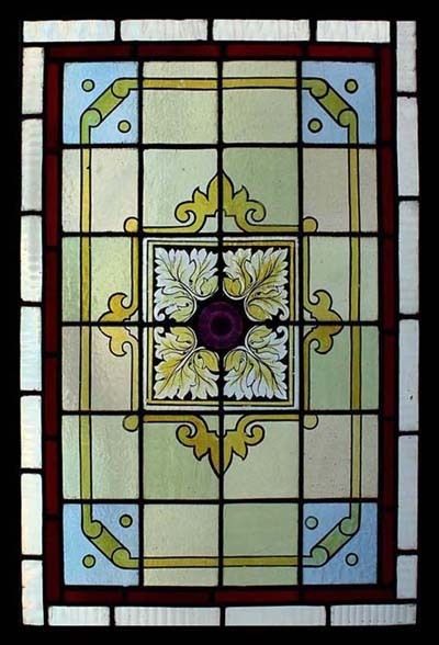  VICTORIAN PAINTED MAGENTA JEWEL RONDEL STAINED GLASS WINDOW  