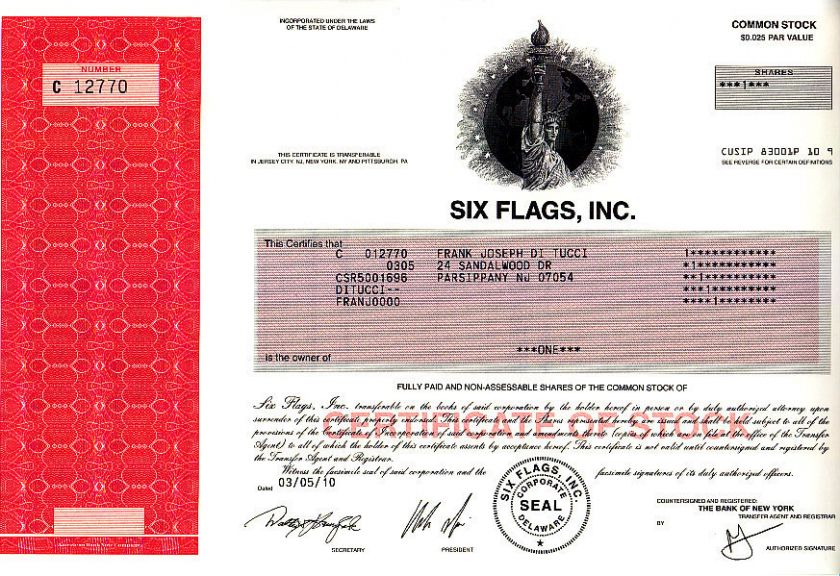 Six Flags, Inc. 2010 Stock Certificate  