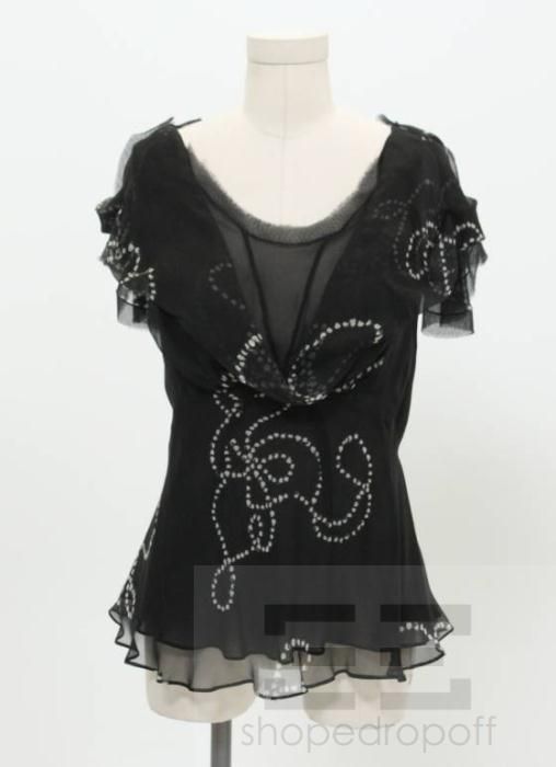 Zac Posen Black Silk Dot Print Ruffle Sleeveless Top Size 8  
