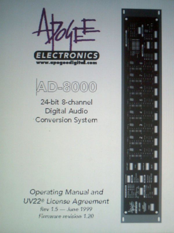 APOGEE AD 8000 24 BIT 8 CH DACS OPERATORS MANUAL BOUND  