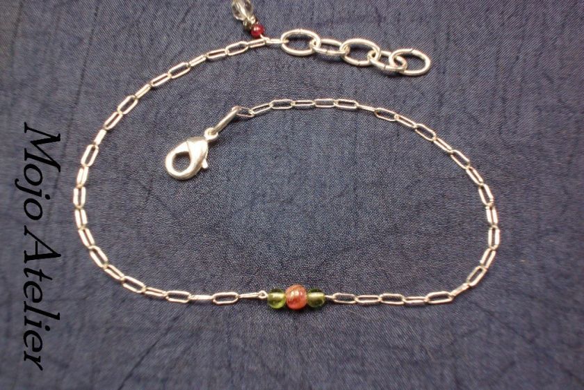 Pink Tourmaline Peridot Ruby Diamond Sterling Anklet  