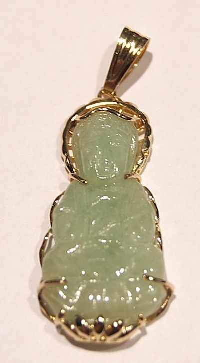 GREEN JADE 14K GOLD HANDMADE CARVED BUDDAH CHARM UNIQUE  