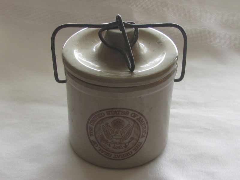 Old Great USA Seal Stone pottery Crock Wire Latch lid  