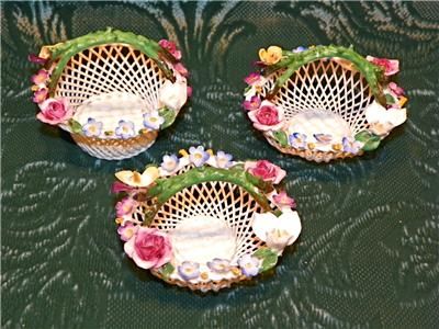   Made MINI Forget Me Not PORCELAIN BASKET Set/3 Appld Flower  