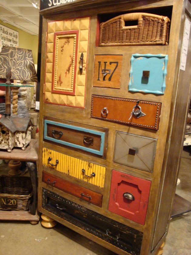 Handcarved Tall Chest Cabinet Unique Weathered  