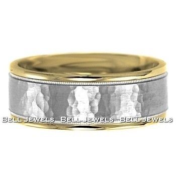 MENS MANS 8MM WIDE WEDDING BAND 14K HAMMERED 2 TONE GOLD RING SATIN 