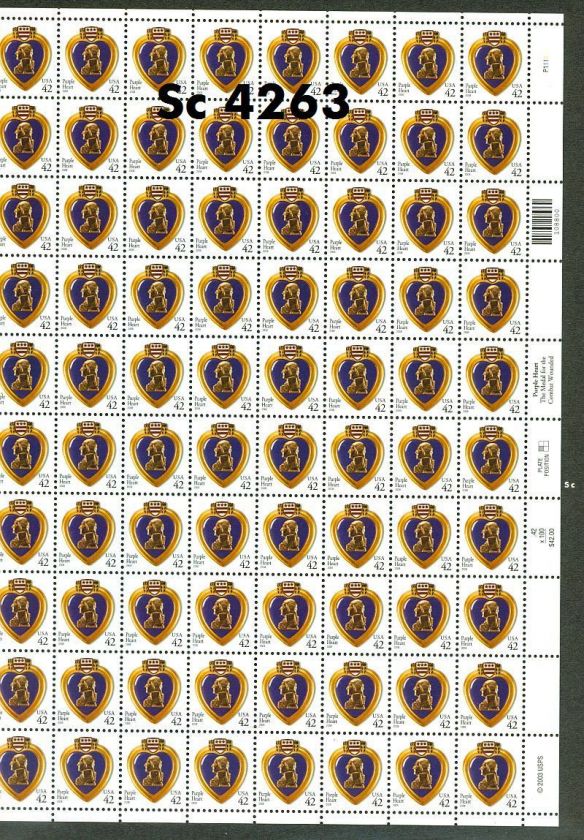   Purple Heart 42c Sc 4263 WAG sheet of 100    only 100K issued  