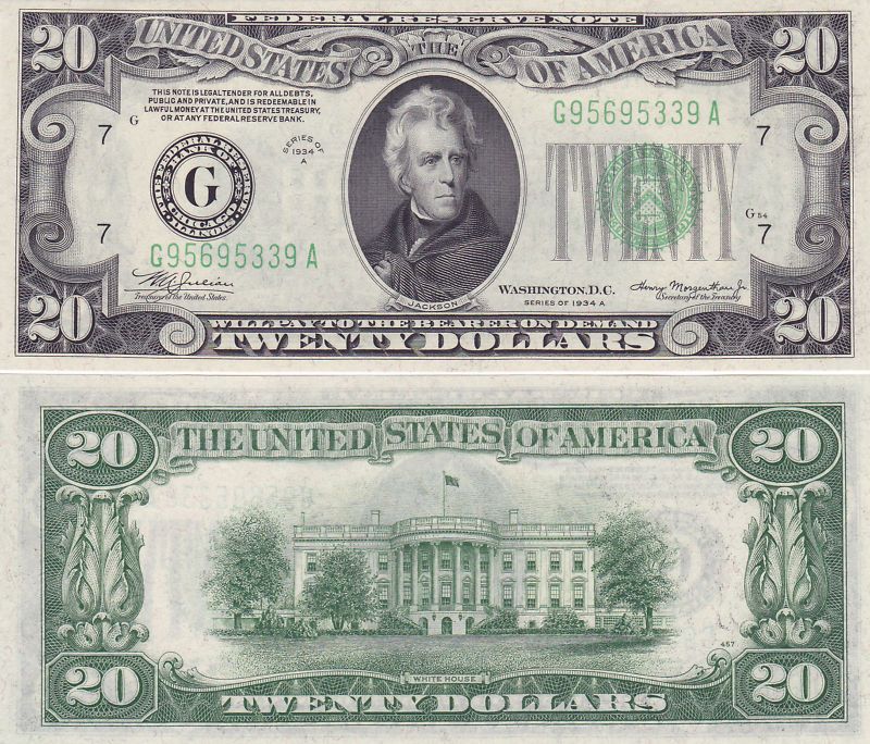 Paper Money $ 20 Dollars Federal Chicago 1934 UNC  