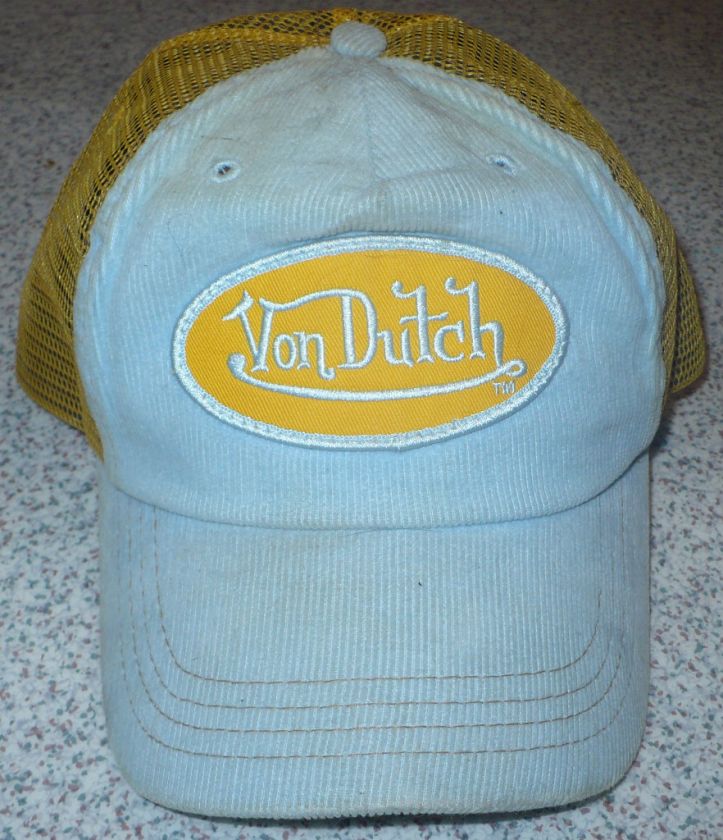 Vintage LT BLUE Corduroy VON DUTCH TRUCKER HAT Cap MESH  