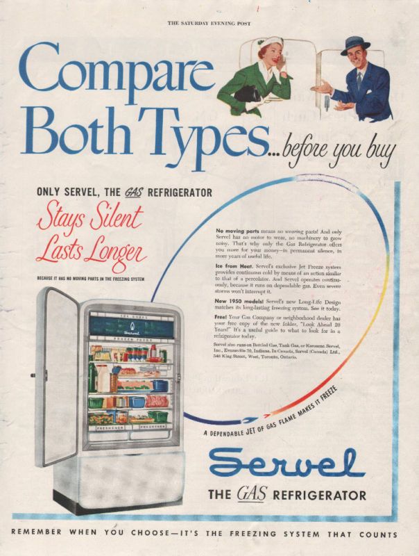 1950 VINTAGE SERVEL GAS REFRIGERATOR PRINT AD  