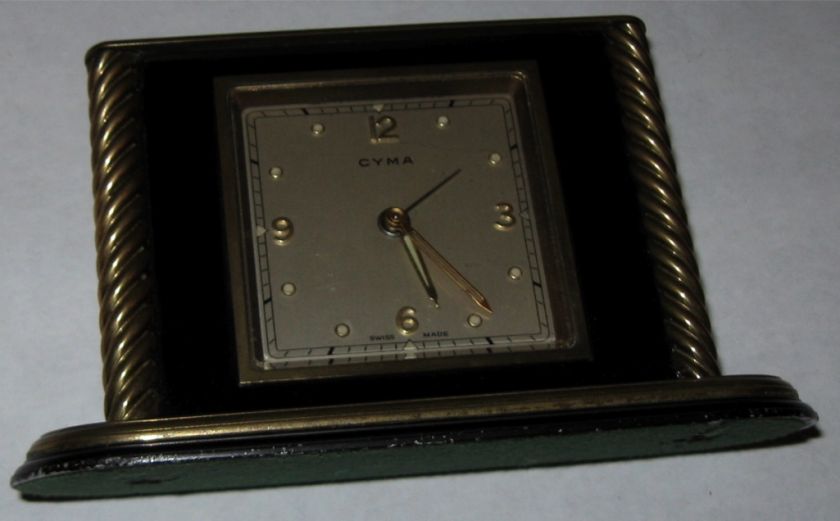 Antique Cyma swiss made alarm clock art deco brass+black enamel  