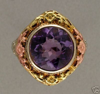   ANTIQUE EARLY 1900s 14K WHITE PINK & GREEN GOLD NATURAL AMETHYST RING