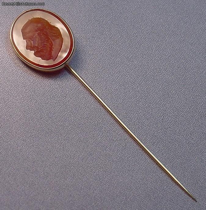 Antique Carnelian Intaglio 14k Stick Pin Man With Beard  