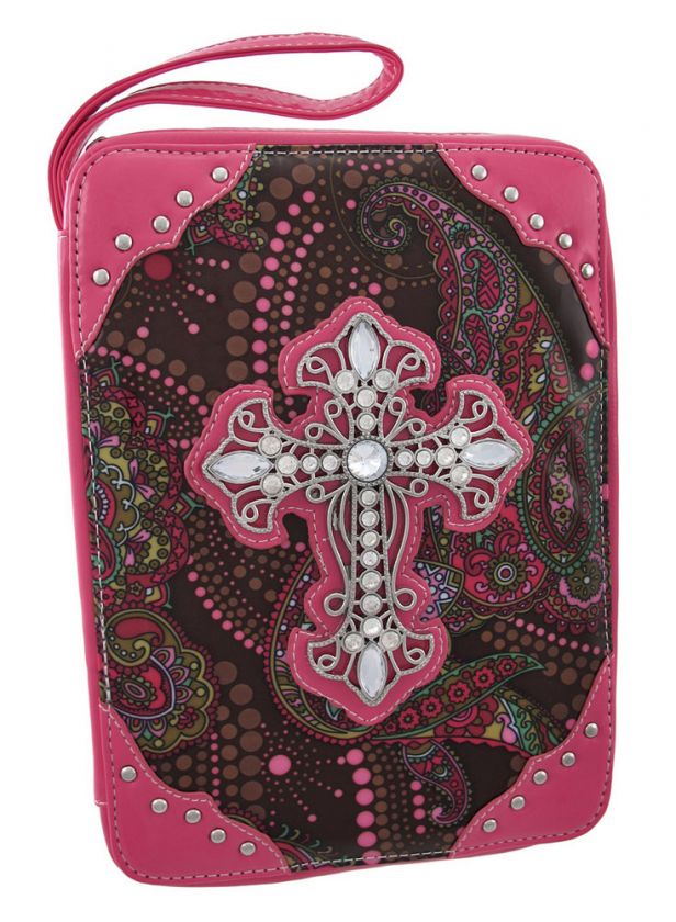 Pink / Brown Paisley Bible Cover W/ Rhinestone Cross  