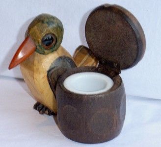   FOREST BIRD INKWELL CARVED WOOD + GLASS EYES & BAKELITE BEAK  