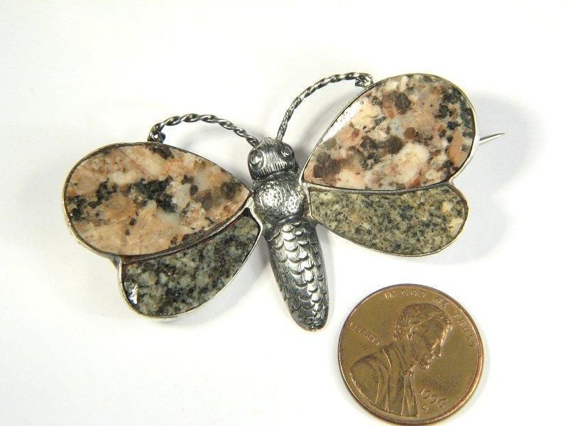   SCOTTISH STERLING SILVER ABERDEEN GRANITE BUTTERFLY PIN BROOCH c1880