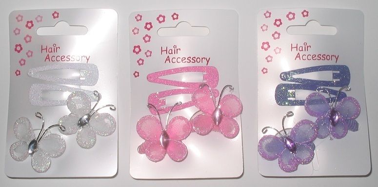 2Sheets Mini Girls Glitter Buttlerfly Hair ties w/clips  