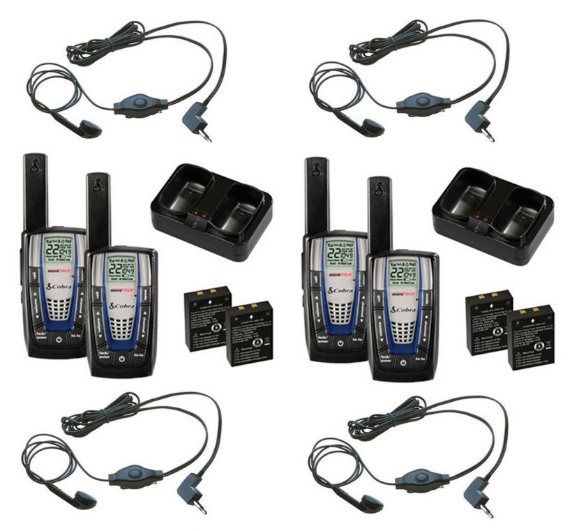 NEW 2 PAIR COBRA CXR825 30 Mile 2 Way Radios + Earbud & Mic Headsets 