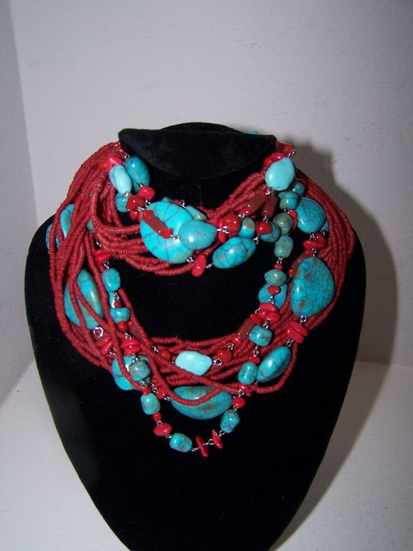 LARGE CHUNKY FAUX TURQUOISE & CORAL NECKLACE & BRACELET  