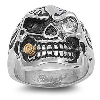 Stainless Steel Casting Ring Skull Biker Ring Clear CZ  