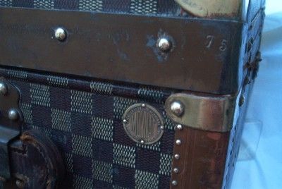 Antique French Damier Fabric Moynat Steamer Trunk c1905 1920  