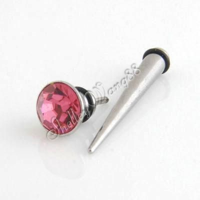 Mens Earring Stainless Steel Pink CZ Crystal Fake Plug  