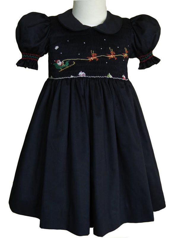 Girls Navy Smocked Santa Christmas dress 6 m 16455  