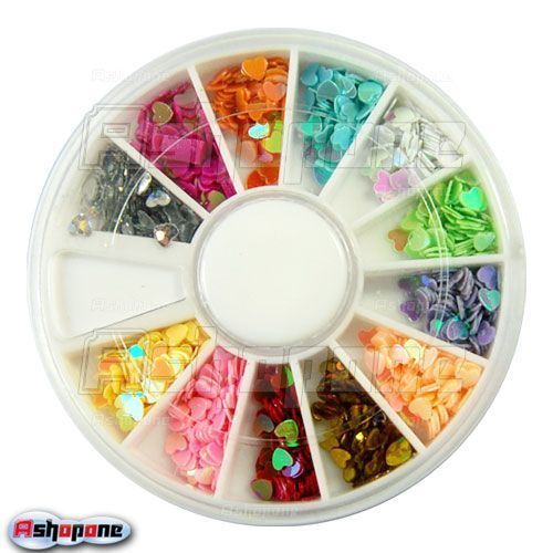 Nail Art UV Acrylic Tips Heart Flake Glitters Decoration Wheel  