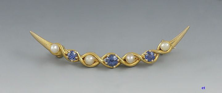 ANTIQUE 14K GOLD CORNFLOWER SAPPHIRE PEARL CRESCENT PIN  