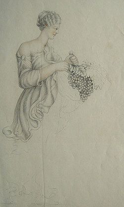 Antique drawing, woman with grapes, England 1800s  