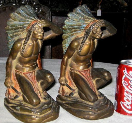   BRONZE LARGE INDIAN TOMAHAWK KNIVE FEATHER HUNTER BOOKENDS  