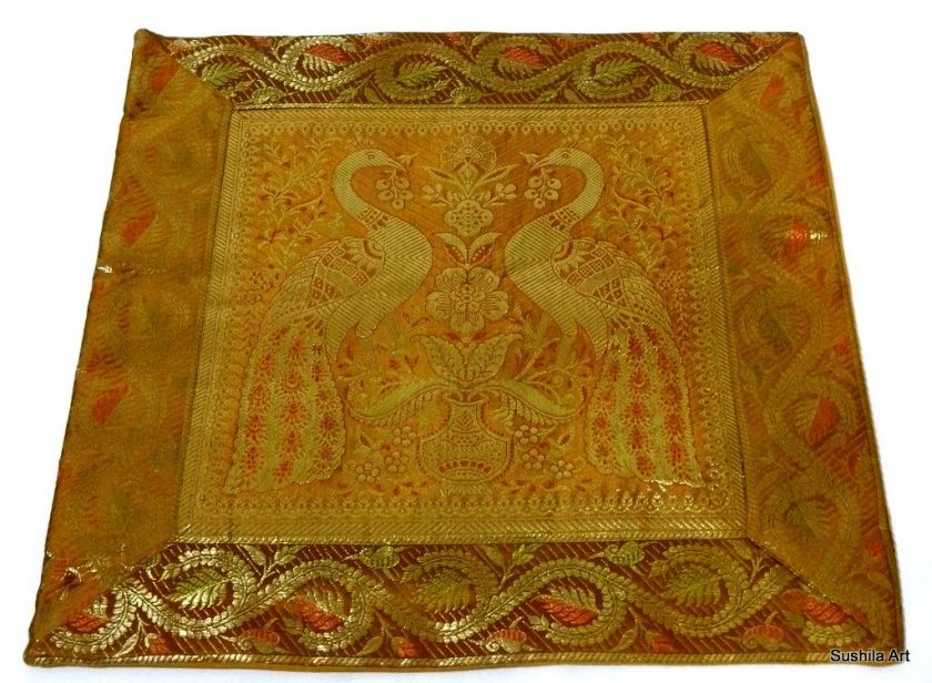 14 Sq Decorative Indian Zari Brocade Pillow Throw Cushion Cover Gold 