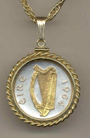 Gold & Silver Irish ½ Penny Harp Necklace in Gold Filled Rope Bezel 