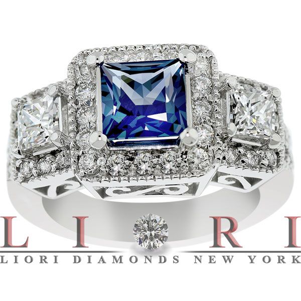 55 CARAT DIAMOND & BLUE SAPPHIRE RING 18K WHITE GOLD  