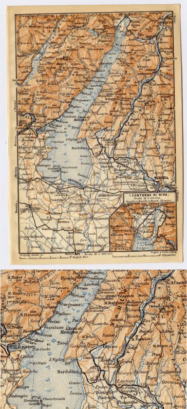 1907 MAP OF LAKE GARDA / LAGO DI GARDA / BENACO / ITALY  