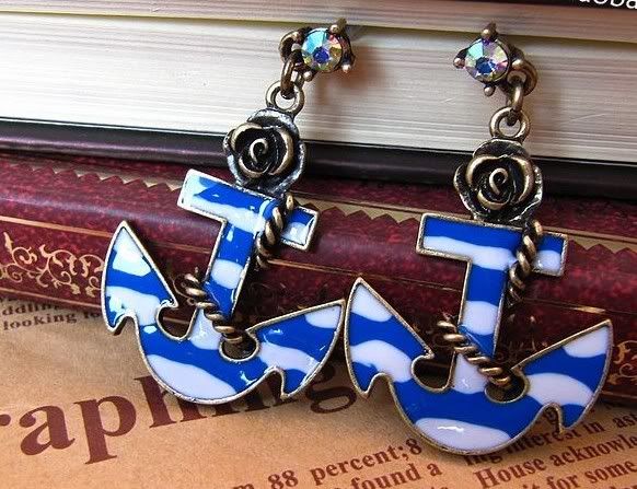 Blue Marine Anchor Rose Bronze Fashion Earrings Z303  