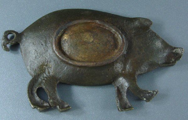 NICE OLD BRASS PIG DESK PAPER CLIP HOLDER  