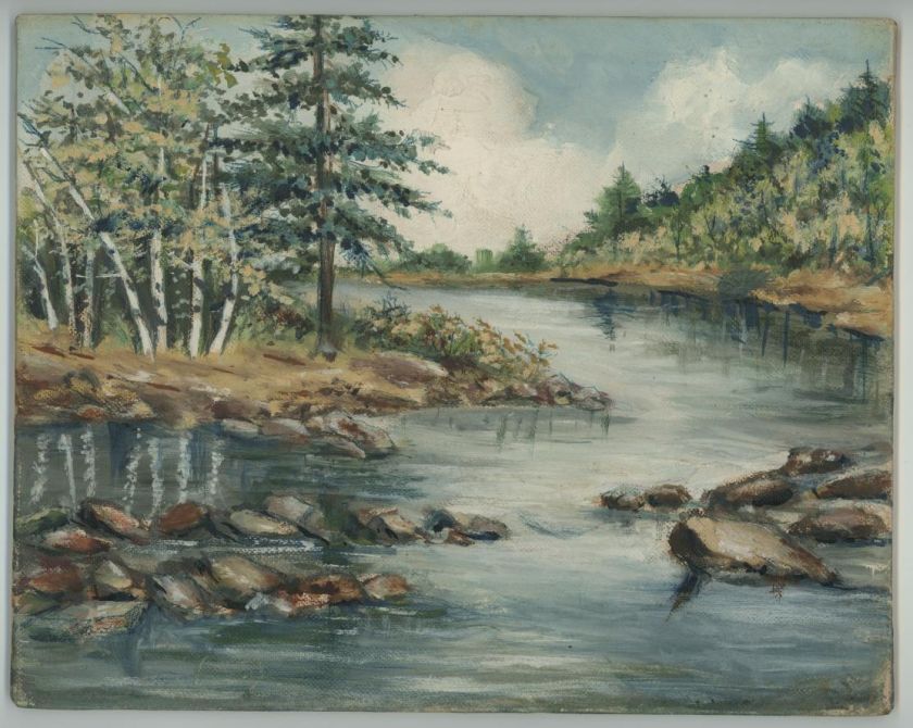 VINTAGE BIRCH TREES POND STREAM LANDSCAPE 1950S ALICE HALL OLD OIL 