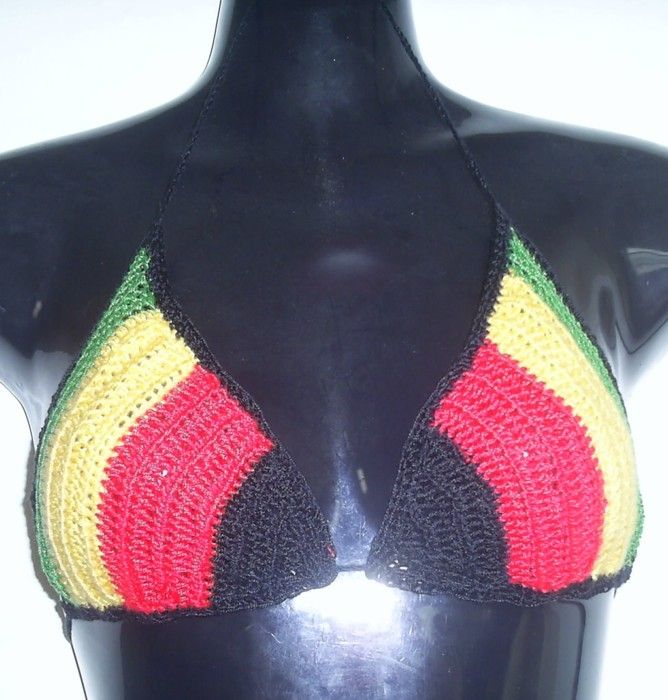 HAND CROCHET BIKINI TOP RASTA REGGAE OR YOUR OWN COLORS  